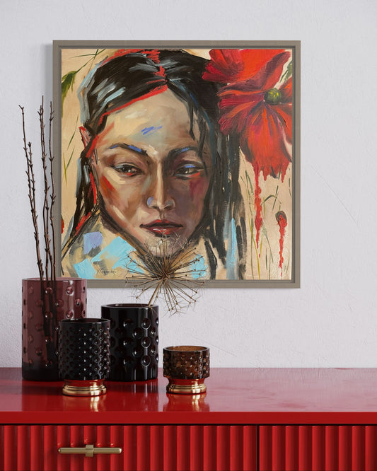 Peinture à l'huile "La fleur rouge"