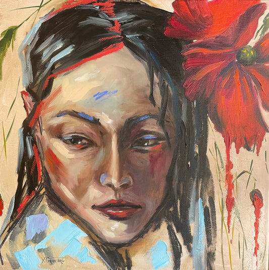 Peinture à l'huile "La fleur rouge"
