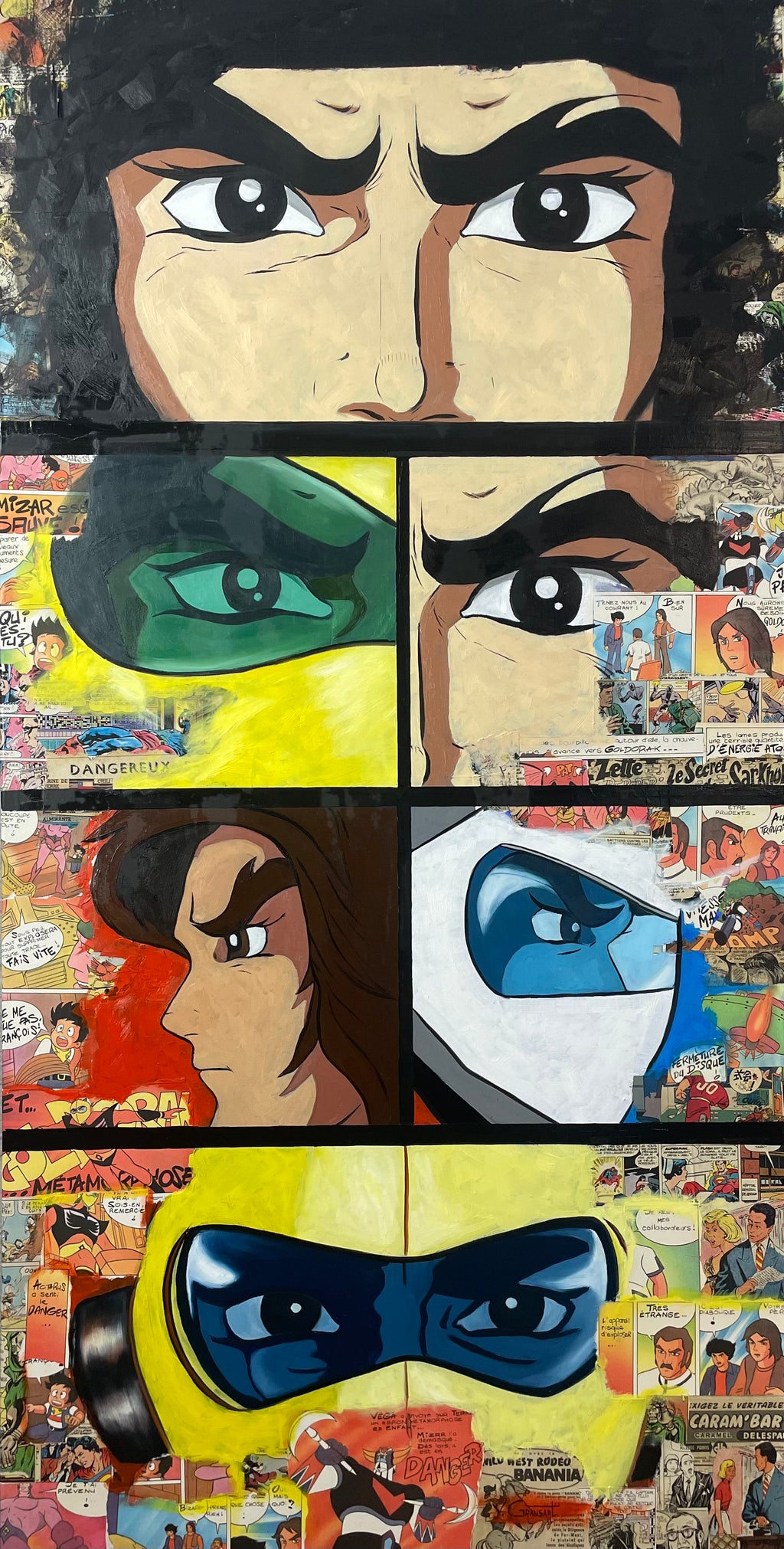 Peinture contemporaine inspirée d’Actarus, composée de fragments de bandes dessinées des années 1970, avec regards expressifs et collage vintage.
