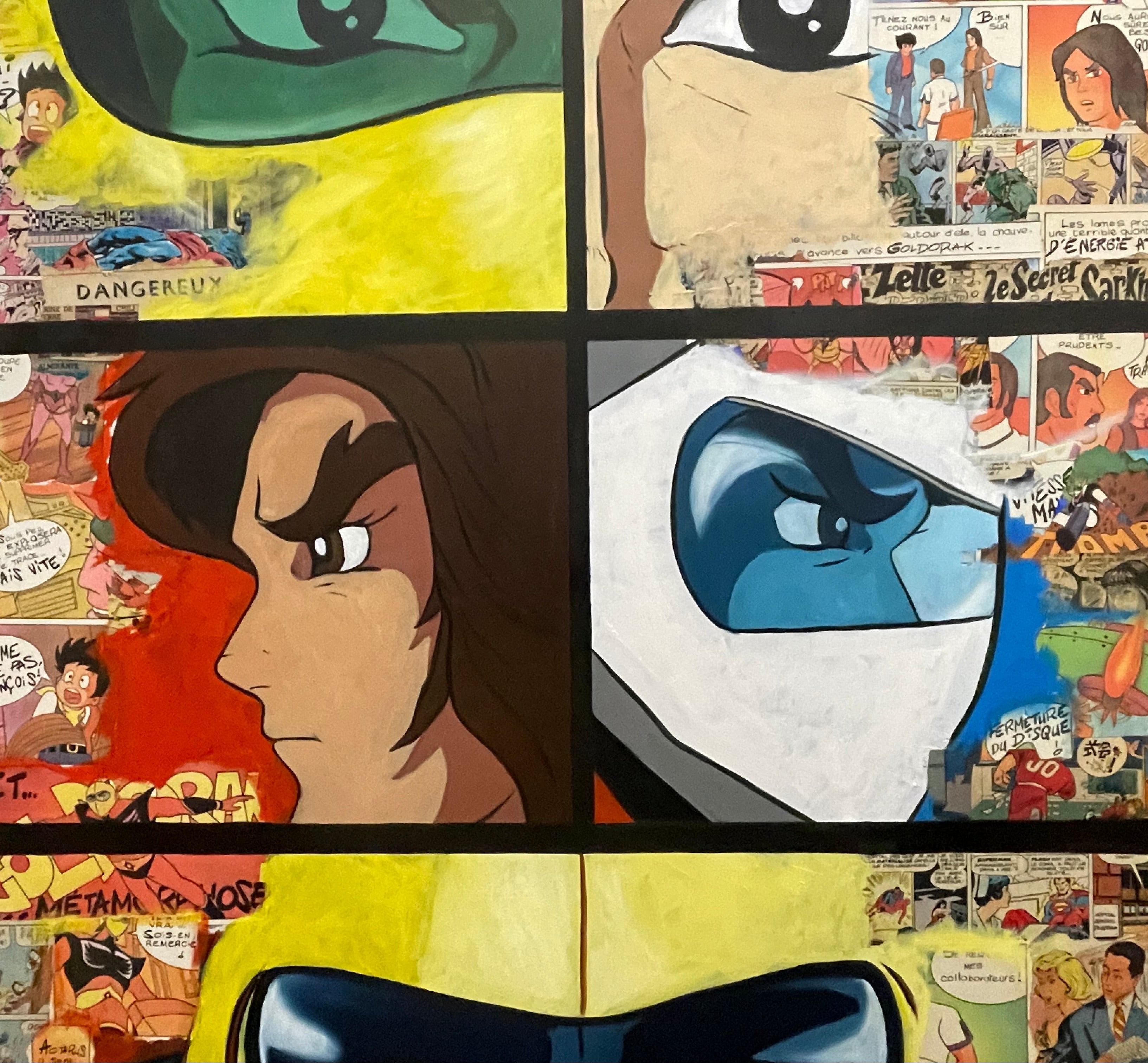 Fragment représentant un profil inspiré des dessins animés japonais sur fond de bandes dessinées rétro.