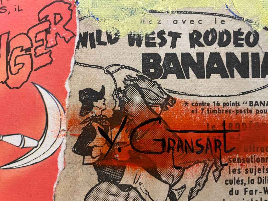 Fragment du tableau avec signature de l’artiste Yuliya Gransart sur fond de collage de bandes dessinées anciennes.