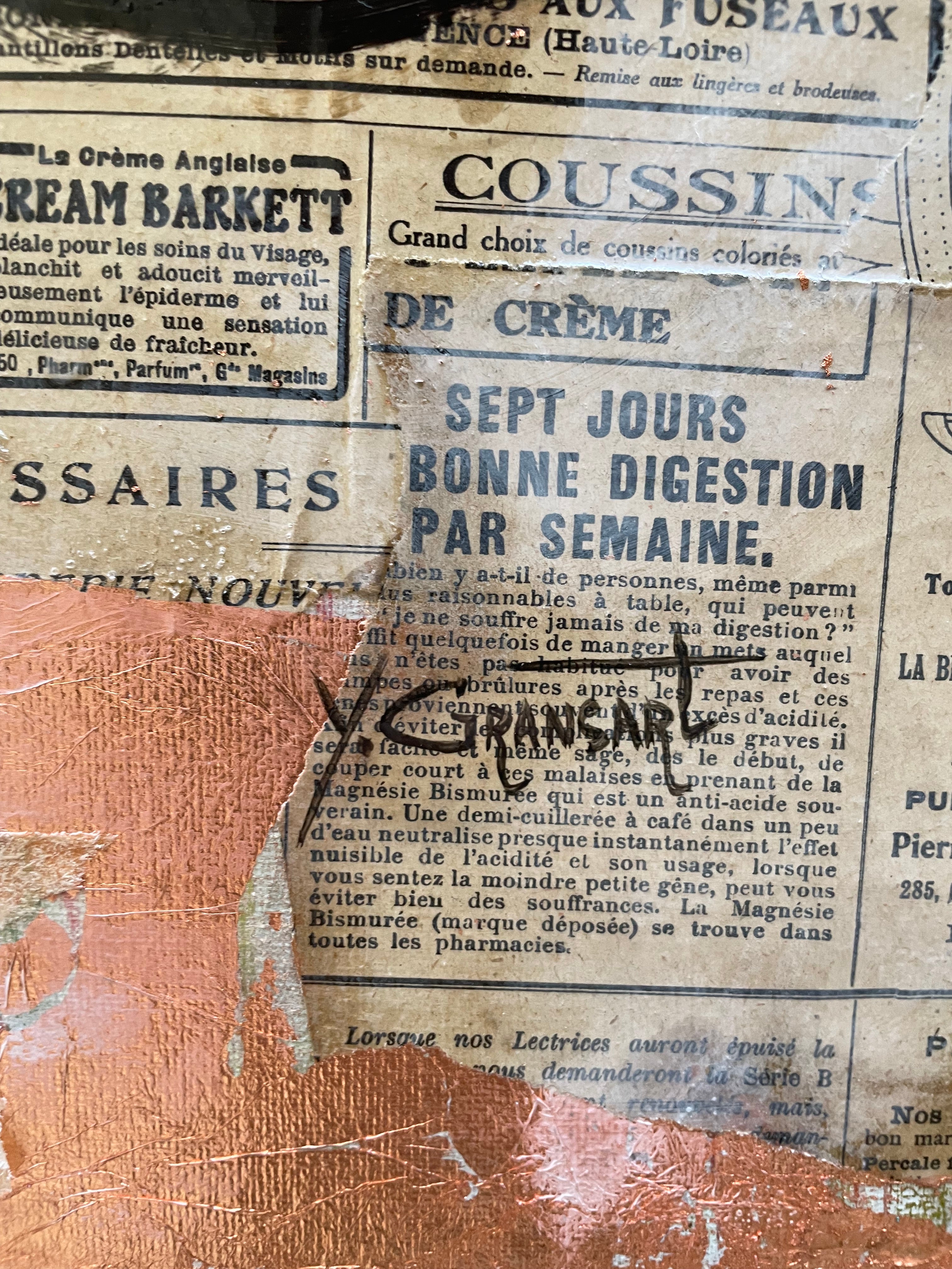 Détail de collage de journaux anciens dans un portrait inspiré de Catherine Deneuve avec la signature de l'artiste Y.Gransart