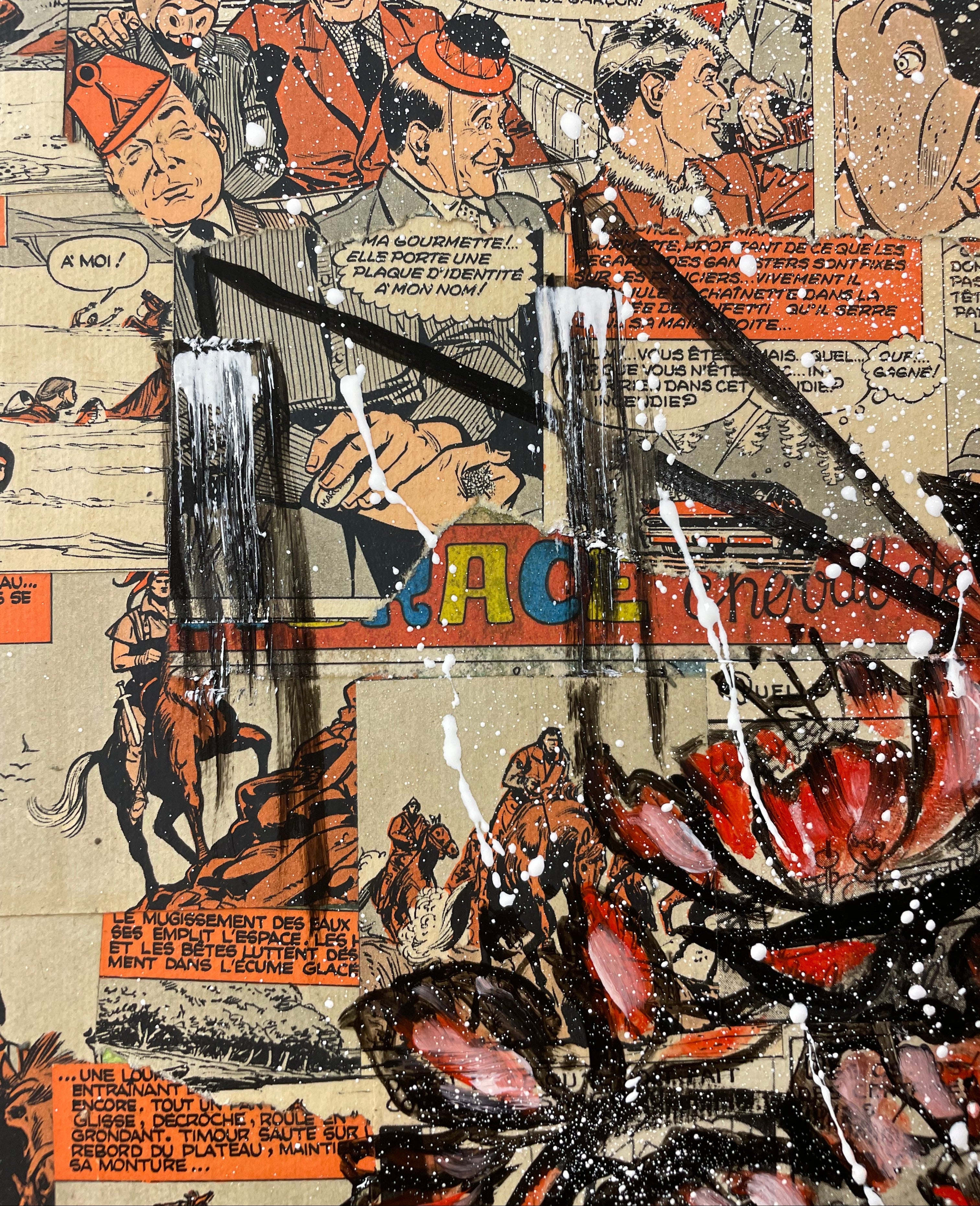 Peinture originale représentant une geisha tenant un masque japonais, réalisée sur un fond de collage de bandes dessinées vintage rouges et noires, mêlant regard réaliste et univers graphique.