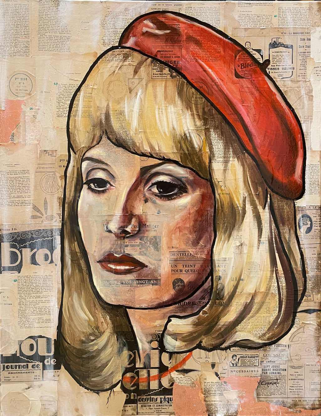 Portrait de Catherine Deneuve peint sur collage de journaux anciens