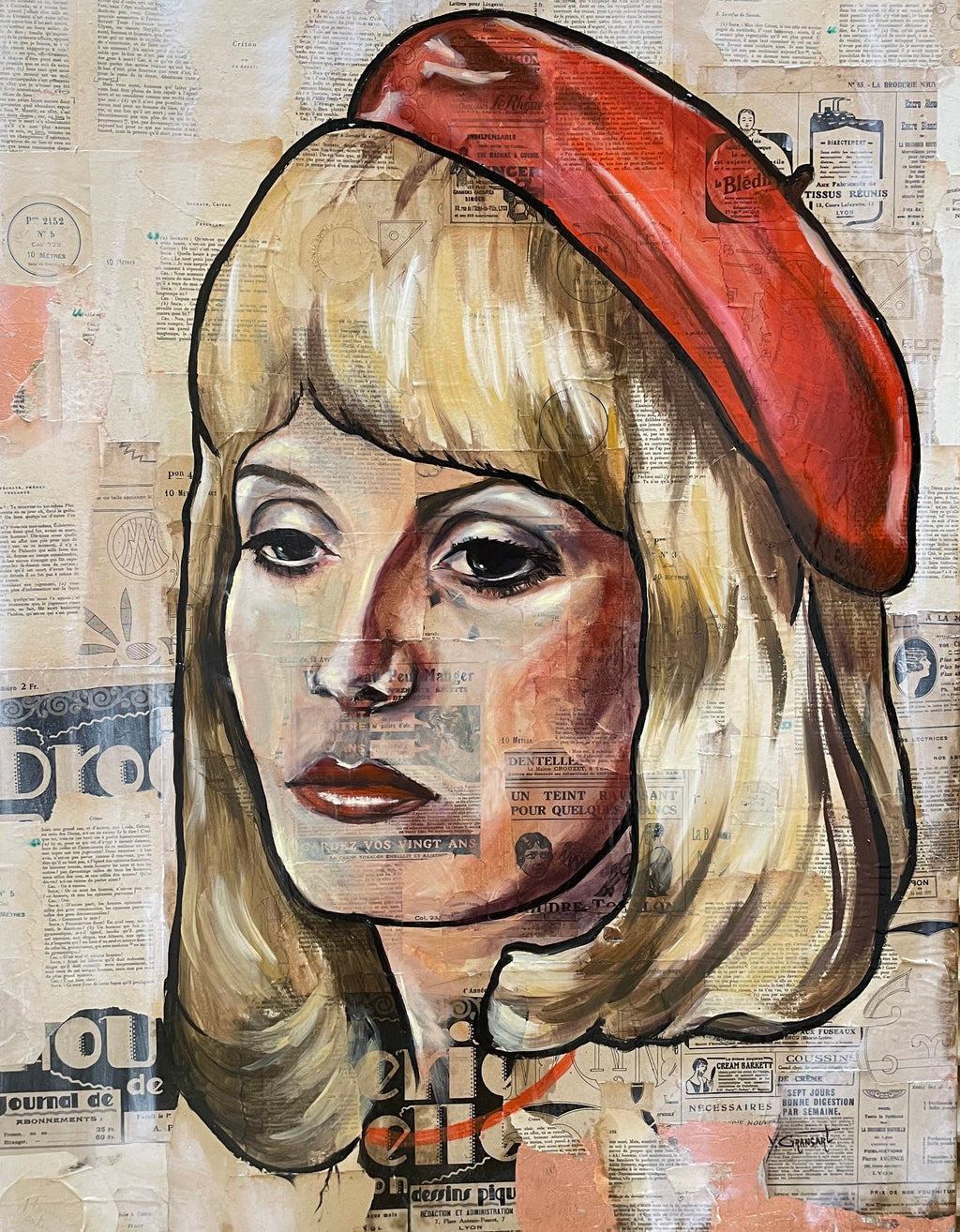 Portrait de Catherine Deneuve peint sur collage de journaux anciens