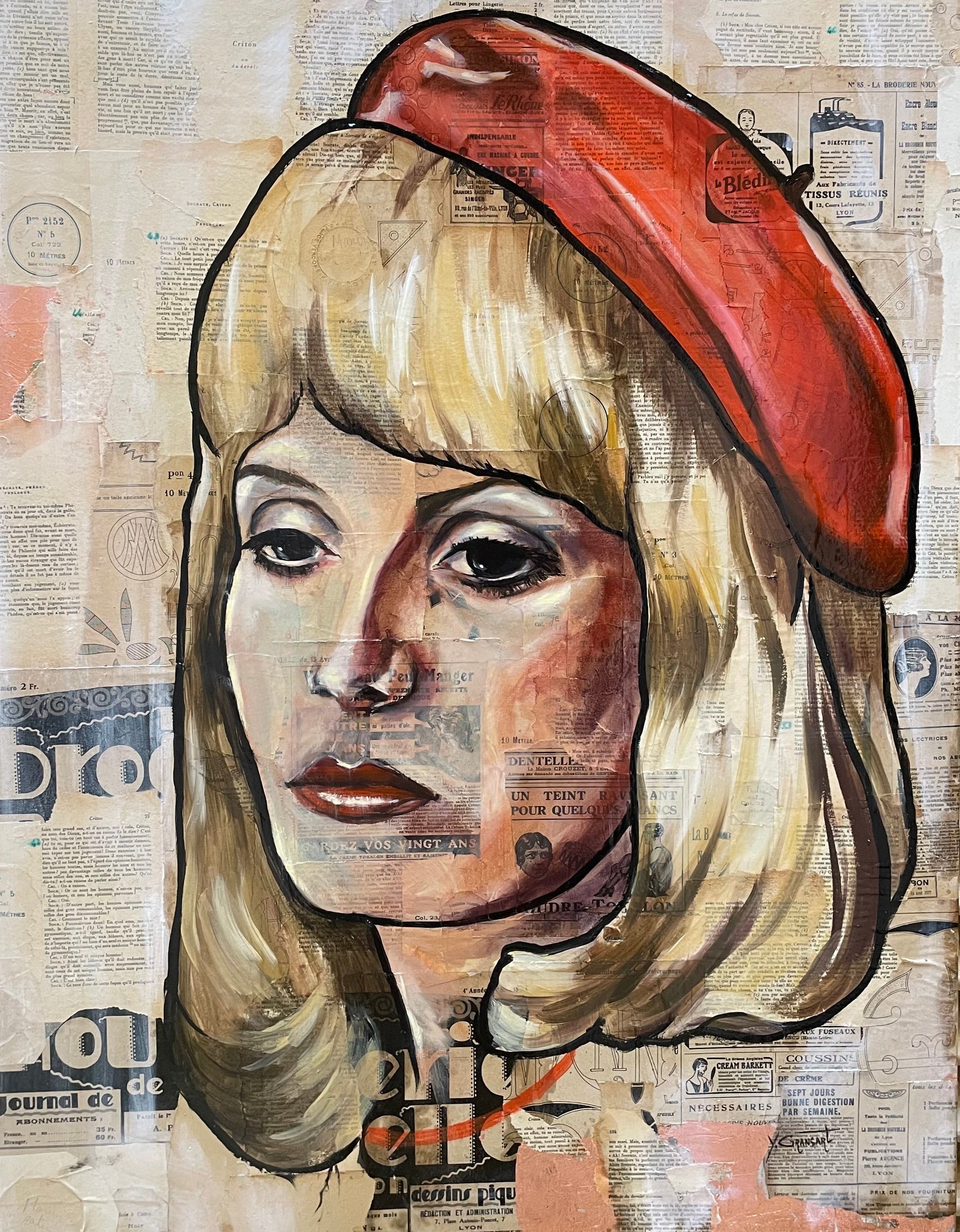 Portrait de Catherine Deneuve peint sur collage de journaux anciens