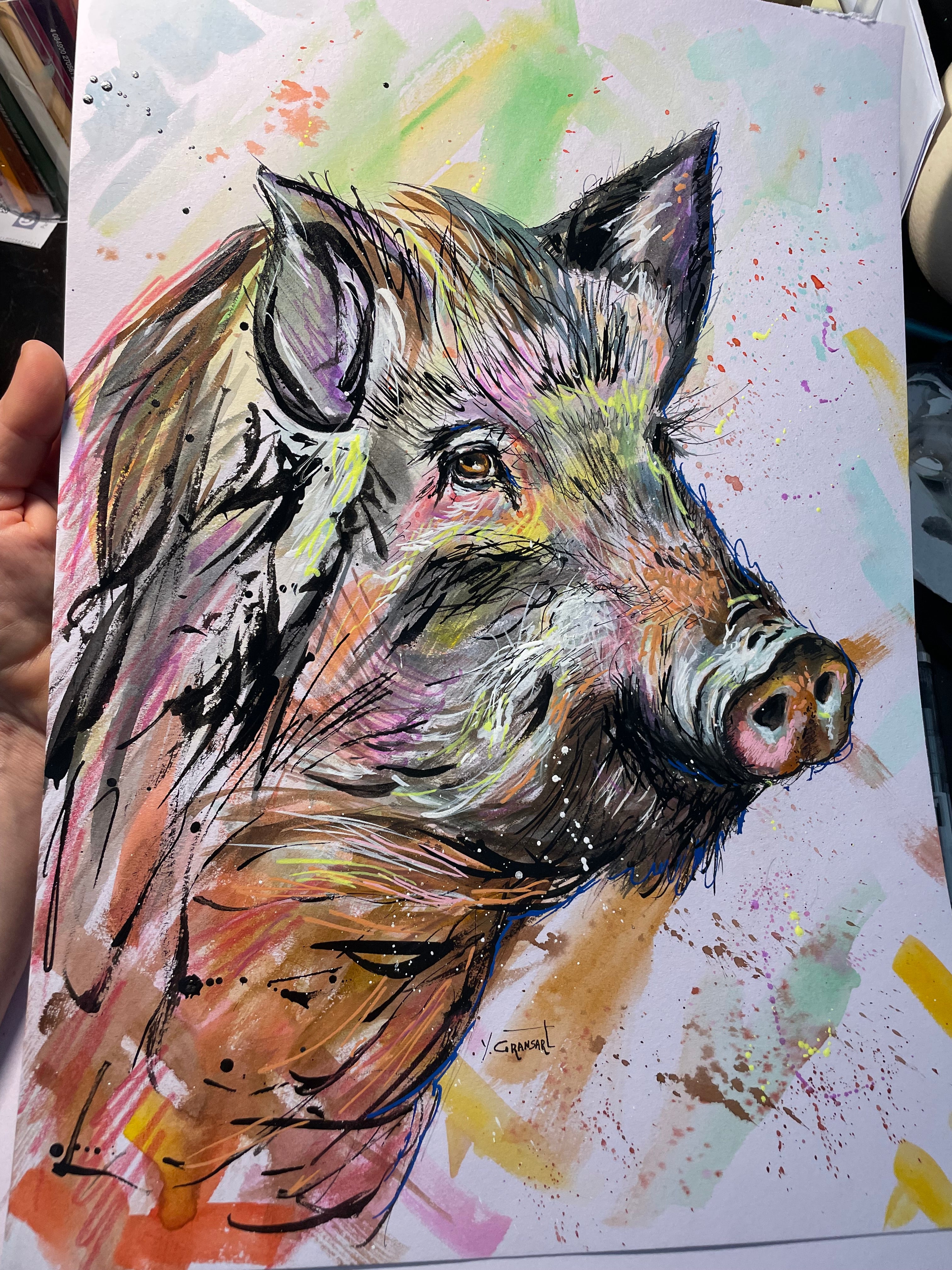 Vidéo de création dessin sanglier avec de techniques mixe